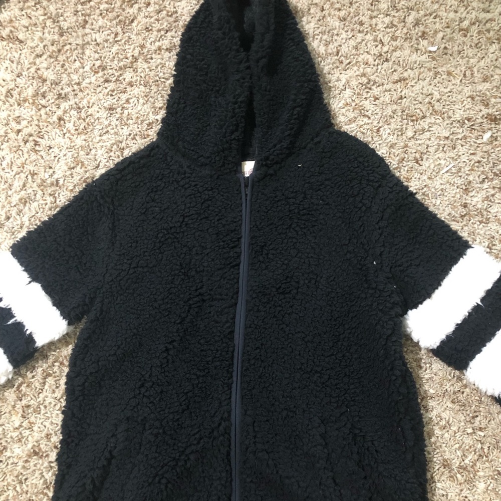Black and white hooded Sherpa zip up jacket